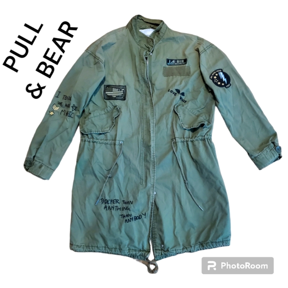 Pull & Bear Full Zipup Button Down-Patch Embroidered Army Long Oversized Jacket